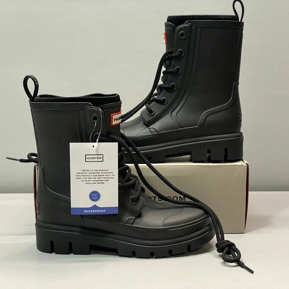 NEW HUNTER Women's Diana Waterproof Lace-Up Rain Boots – Black, Size 7 - Picture 1 of 7